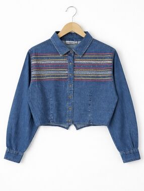 Side Saddle Washed Denim Embroidery Studs Cropped Western Button Front Blouse